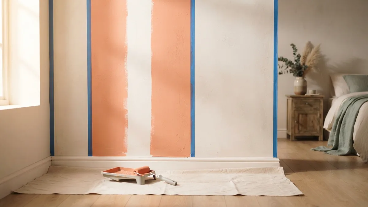 Tape layout for crisp wall stripes Painter's tape marking broad stripe bands on a bedroom wall before painting