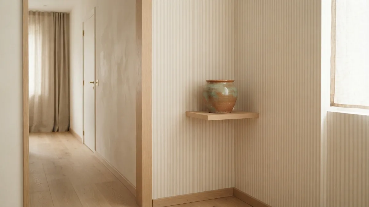 Clean stripe edges at a room corner Finished cream and beige stripes meeting neatly at a hallway corner