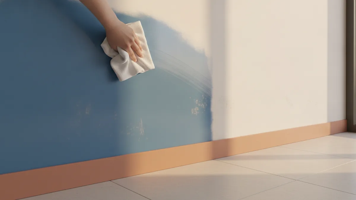 Cloth wiping painted wall to illustrate cleanability and durability