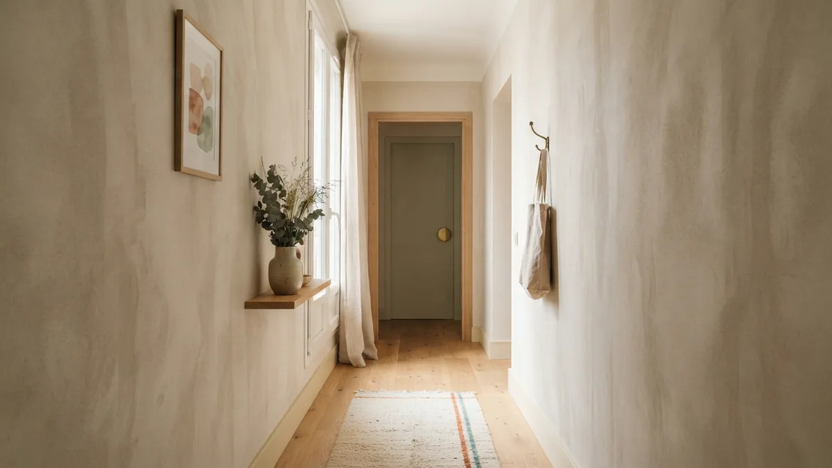 Vertical paint lines add height Narrow hallway using subtle vertical paint bands and a lighter ceiling to suggest more height