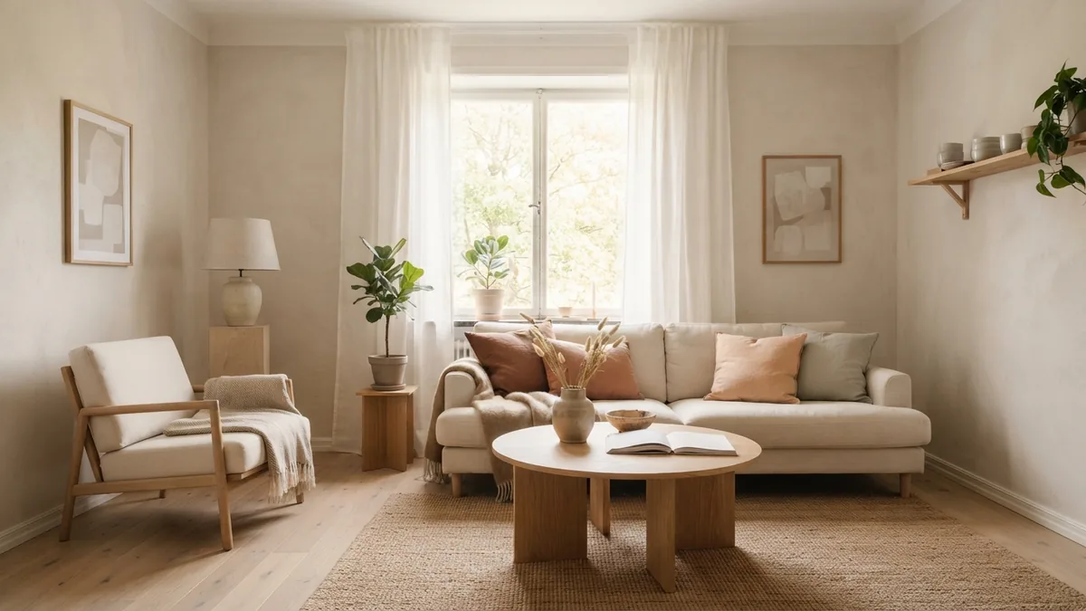 Scandinavian room with pale walls, sheer linen panels, and soft daylight across the space