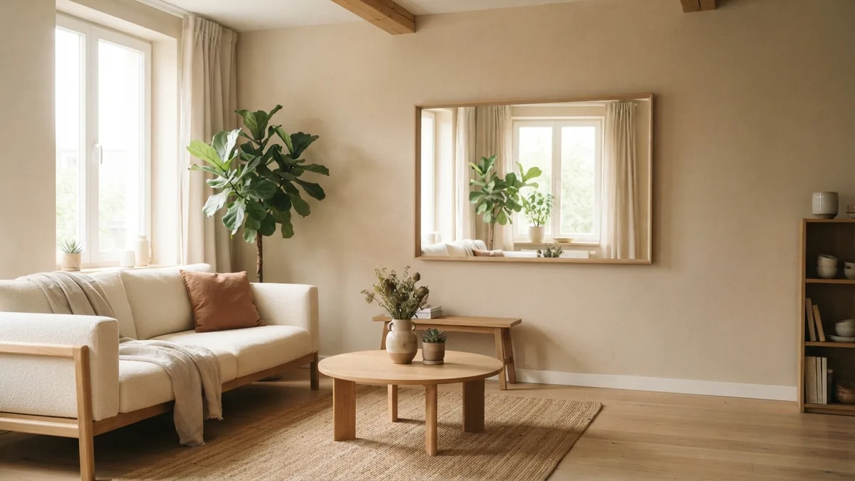 Japandi living room with a wide mirror reflecting daylight from an open window