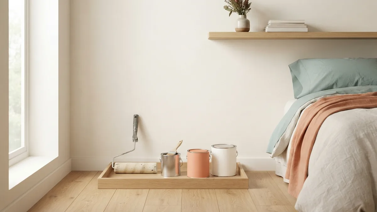 Paint supplies beside a bedroom wall Paint supplies set beside a smooth cream wall in a calm, sunlit bedroom