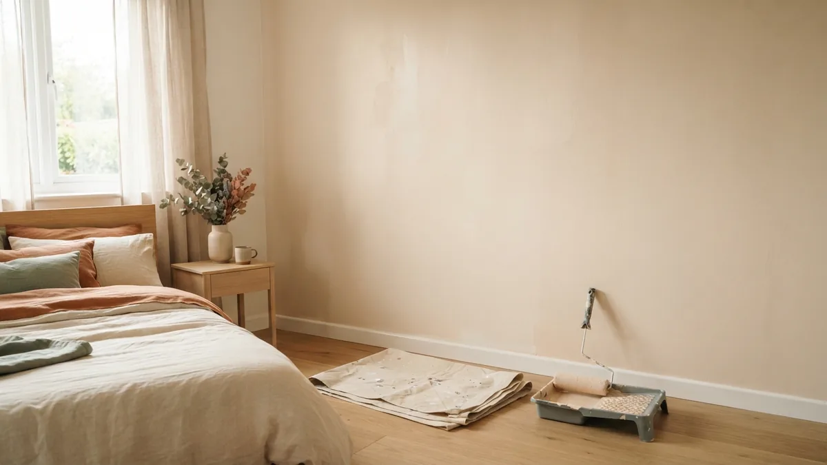 Fresh paint and basic room supplies A freshly painted beige bedroom with a roller tray and folded floor cloth nearby