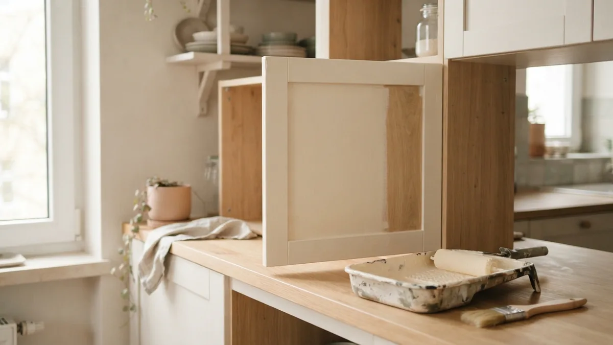 Painting a smooth cabinet interior Open kitchen cabinet with tools ready for a smooth painted finish
