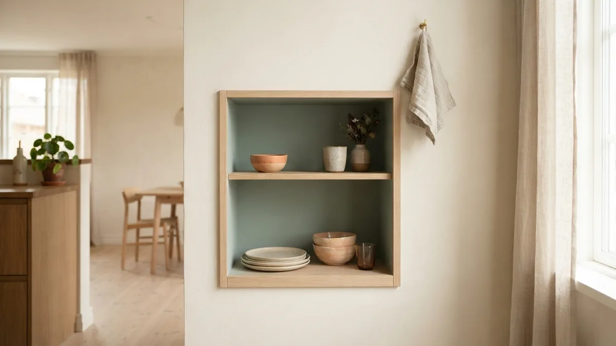 Muted sage cabinet interior paired with warm cream kitchen finishes
