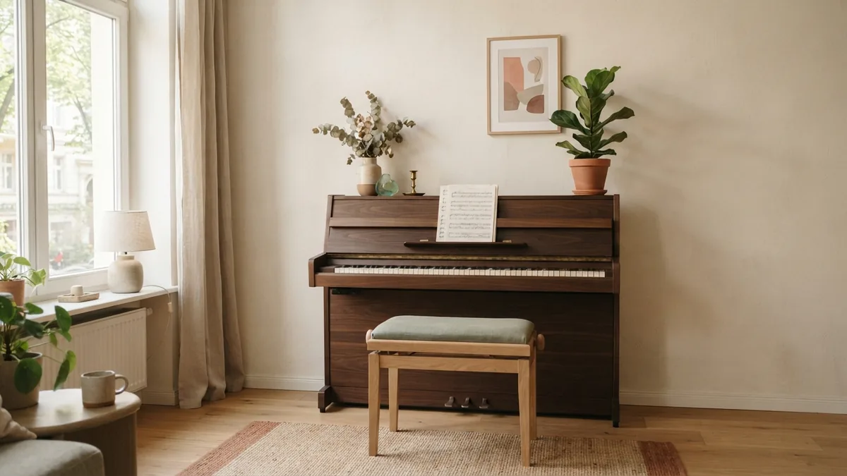 Dark wood piano paired with cream walls, pale oak, and soft sage accents