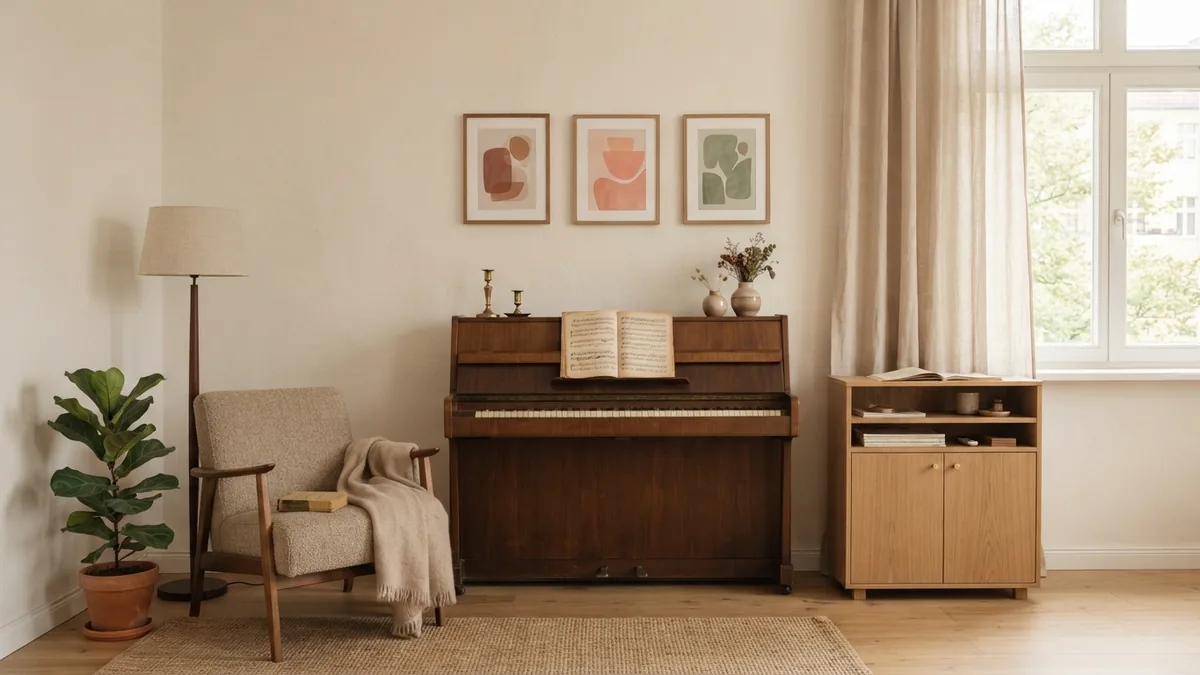 A calm, music-focused piano corner Piano corner with simple art, linen curtains, and a compact music cabinet