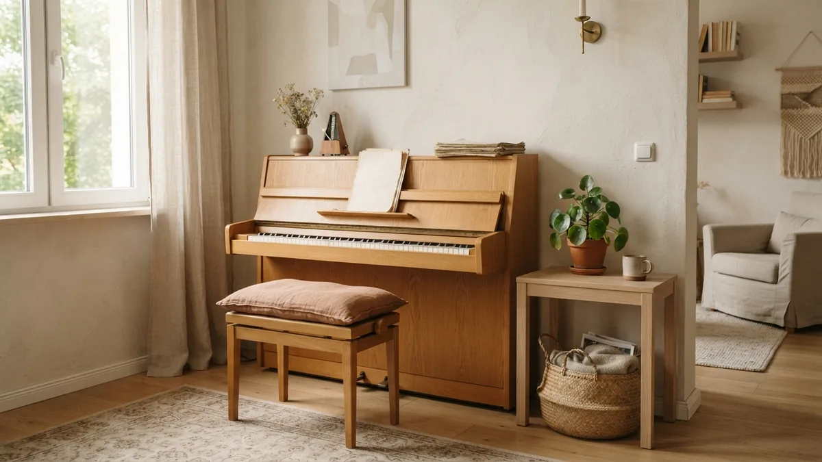 Piano styled with a nearby hardy plant, woven basket, and linen cushion