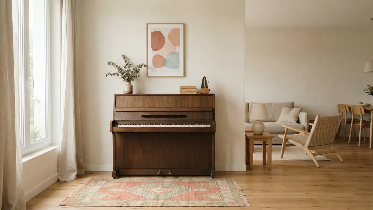 A well-placed piano in a bright room Upright piano placed along an interior wall with clear space and a soft rug