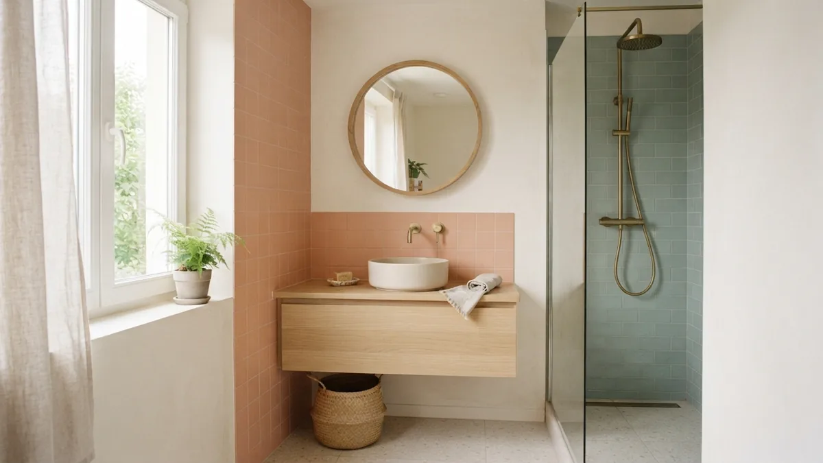 Pink bathroom tile paired with warm white, muted sage, and pale wood