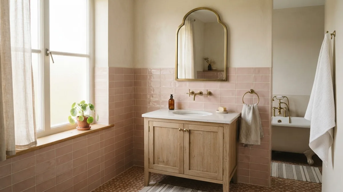 Vintage-inspired bathroom with dusty pink tile and warm brass fittings