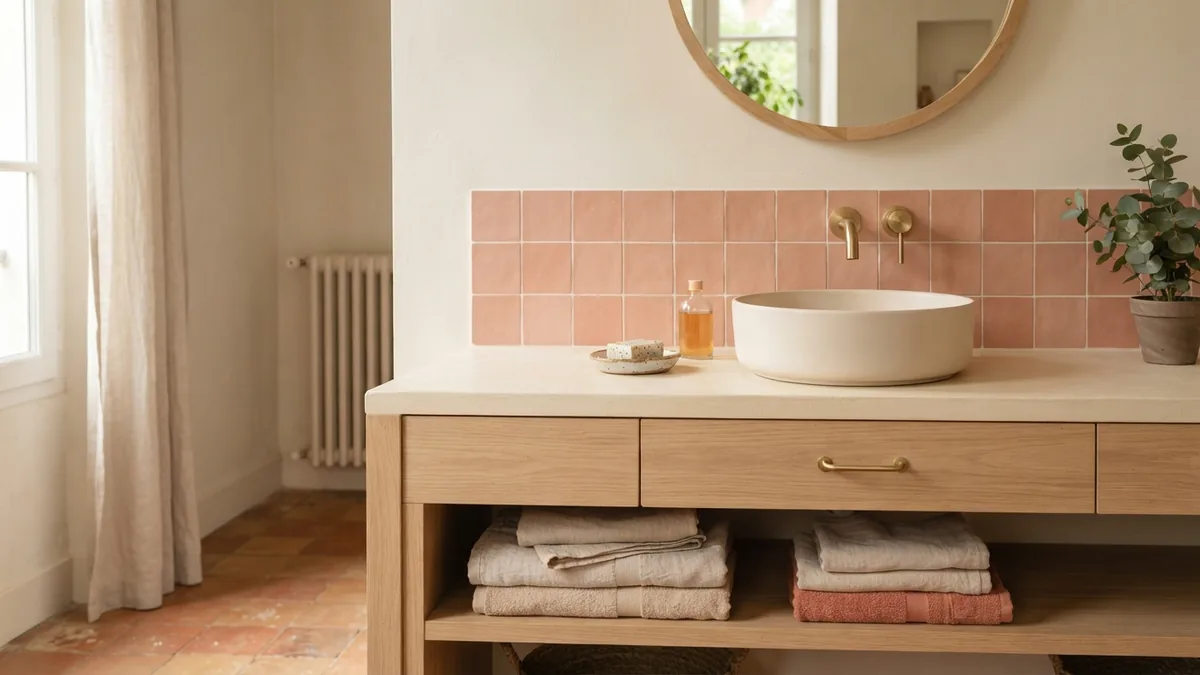 Simple accessories for a pink tile bathroom Pink tile bathroom vanity styled with linen towels and simple ceramic accessories