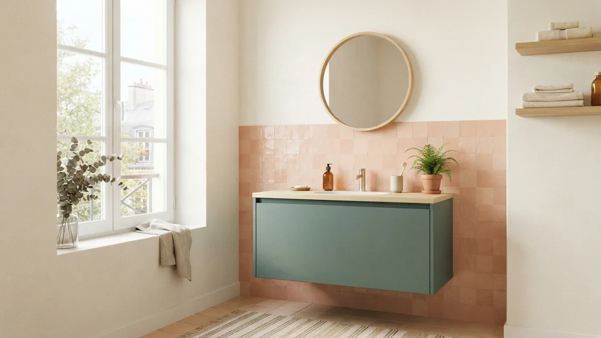 Blush bathroom tile balanced with a muted green vanity and cream walls