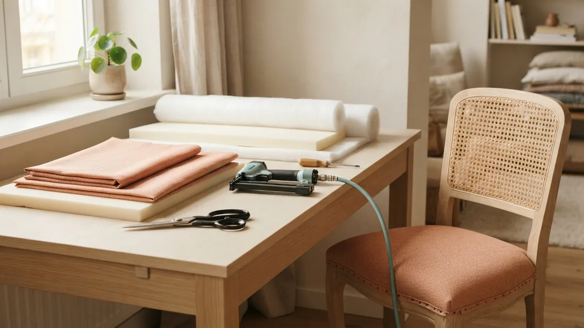 Upholstery tools and fabric arranged beside a dining chair for a home repair project