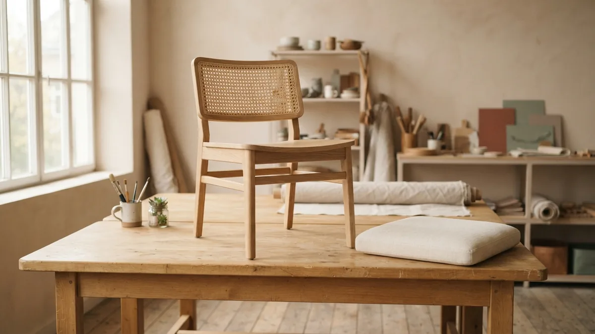 Dining chair seat and fresh cream upholstery arranged for a repair project