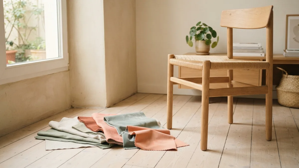 Muted upholstery fabric samples arranged beside a dining chair in a warm home