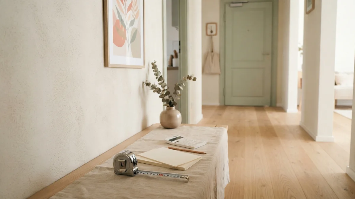 Tools for measuring a room Japandi hallway with measuring tools arranged on a pale oak floor