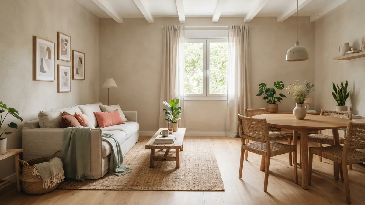 European home interior with an L-shaped living and dining floor plan