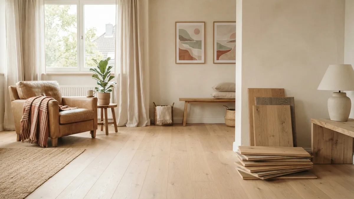Planning flooring waste and cuts Coastal-style room with pale flooring samples and open measuring space