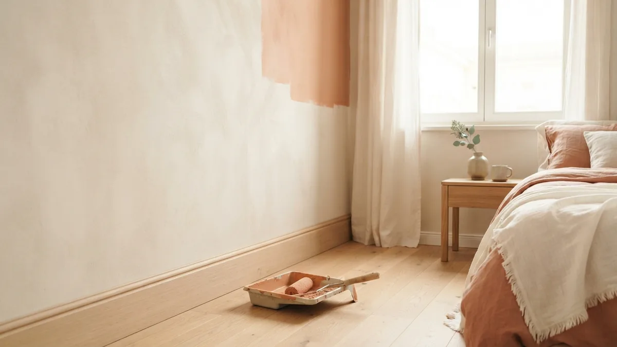 Matte plaster bedroom wall with a neat roller tray showing a simple paint coverage setting