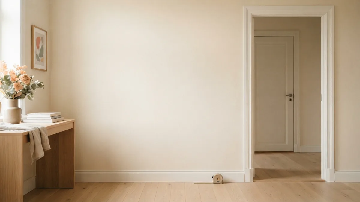 Pale room wall and doorway with a tape measure set along the floor for room sizing