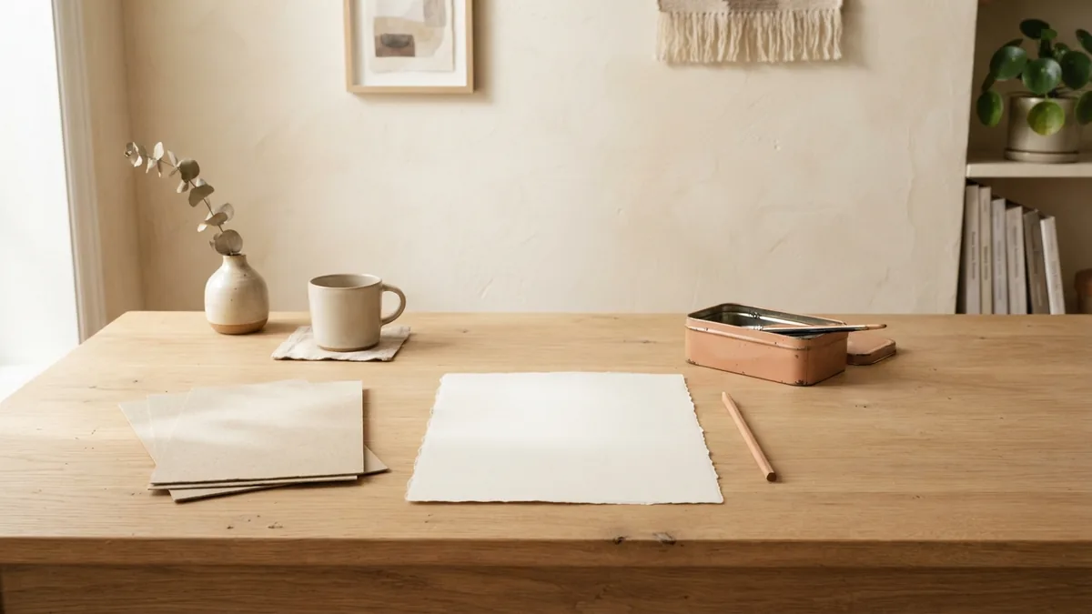 Plan a room paint estimate Paint samples and a paint tin arranged on a pale oak table beside a cream wall
