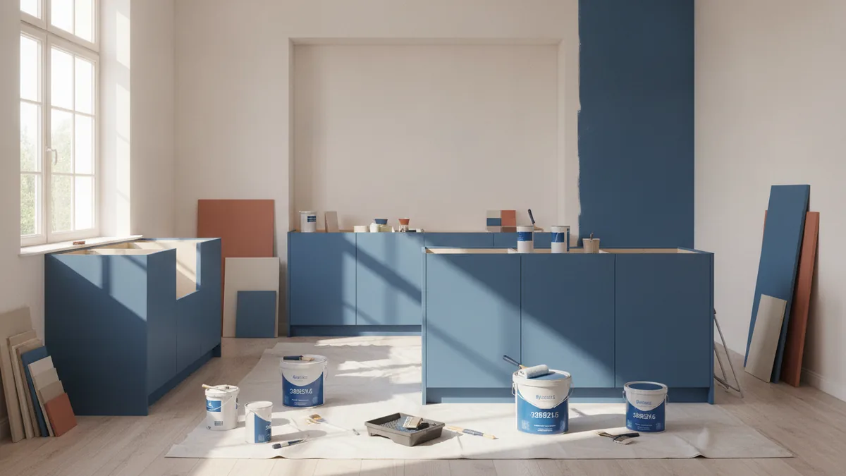 Painter supplies and wall samples arranged in a bright kitchen renovation space