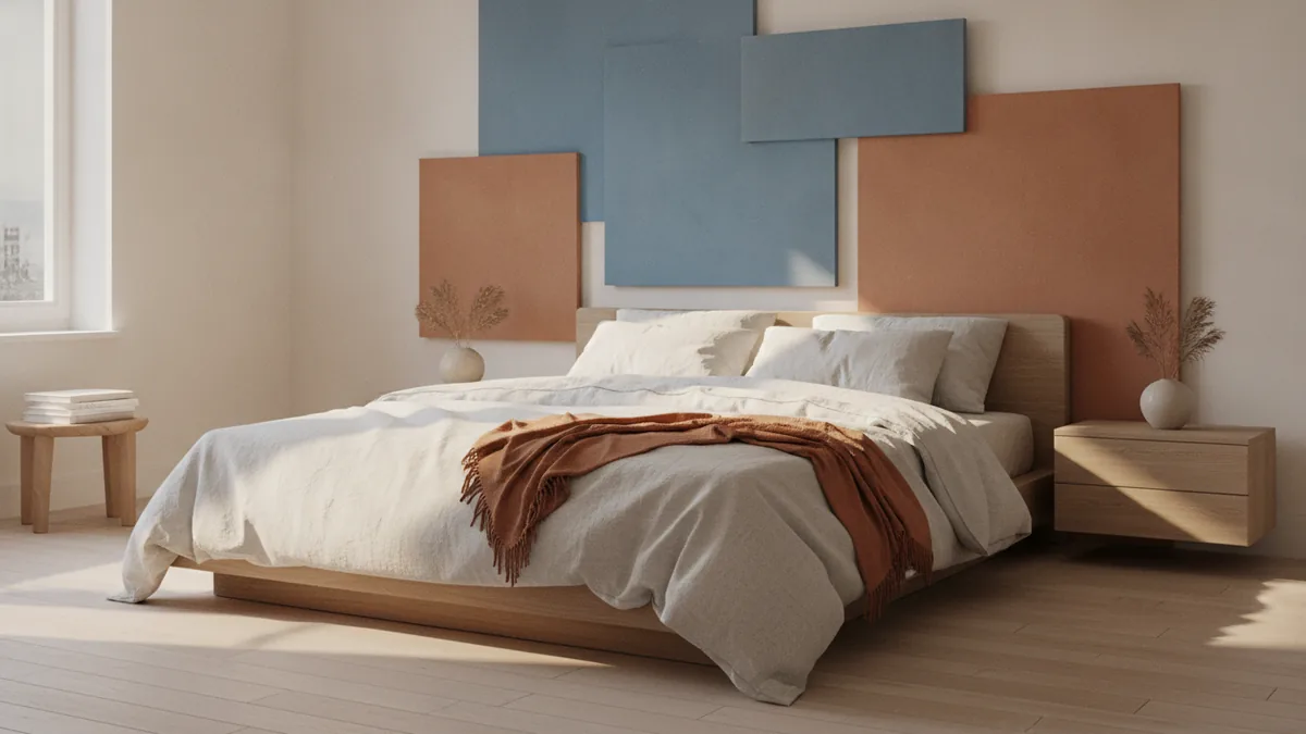 Calm bedroom with several painted sample panels showing warm and cool shades