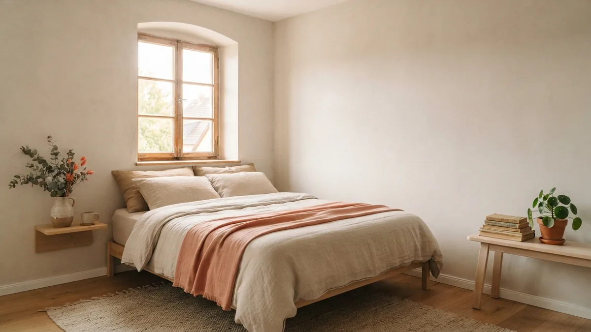 Room details that can affect painting costs Scandinavian bedroom with pale plaster walls and clear space that shows the paintable wall area