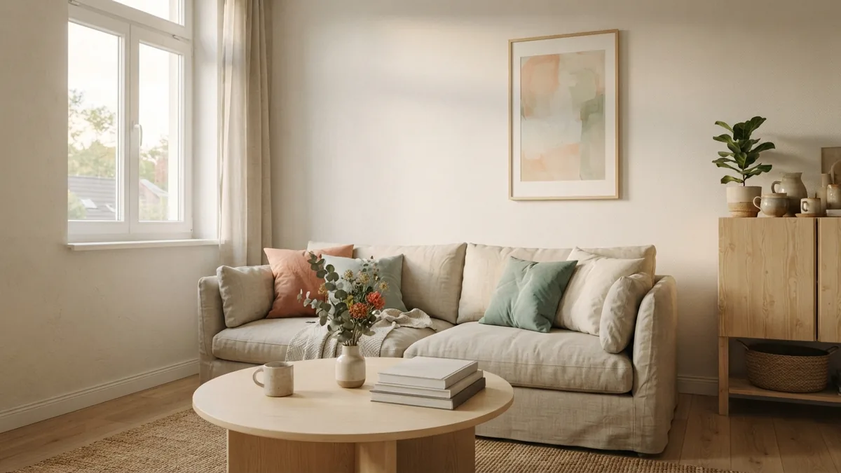 A bright room with broad painted walls Bright coastal living room with off-white walls and pale wood furnishings