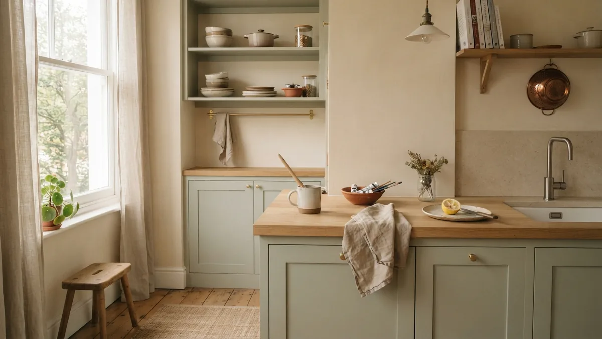 Apartment kitchen with pale sage cabinets, cream walls, and simple painting tools