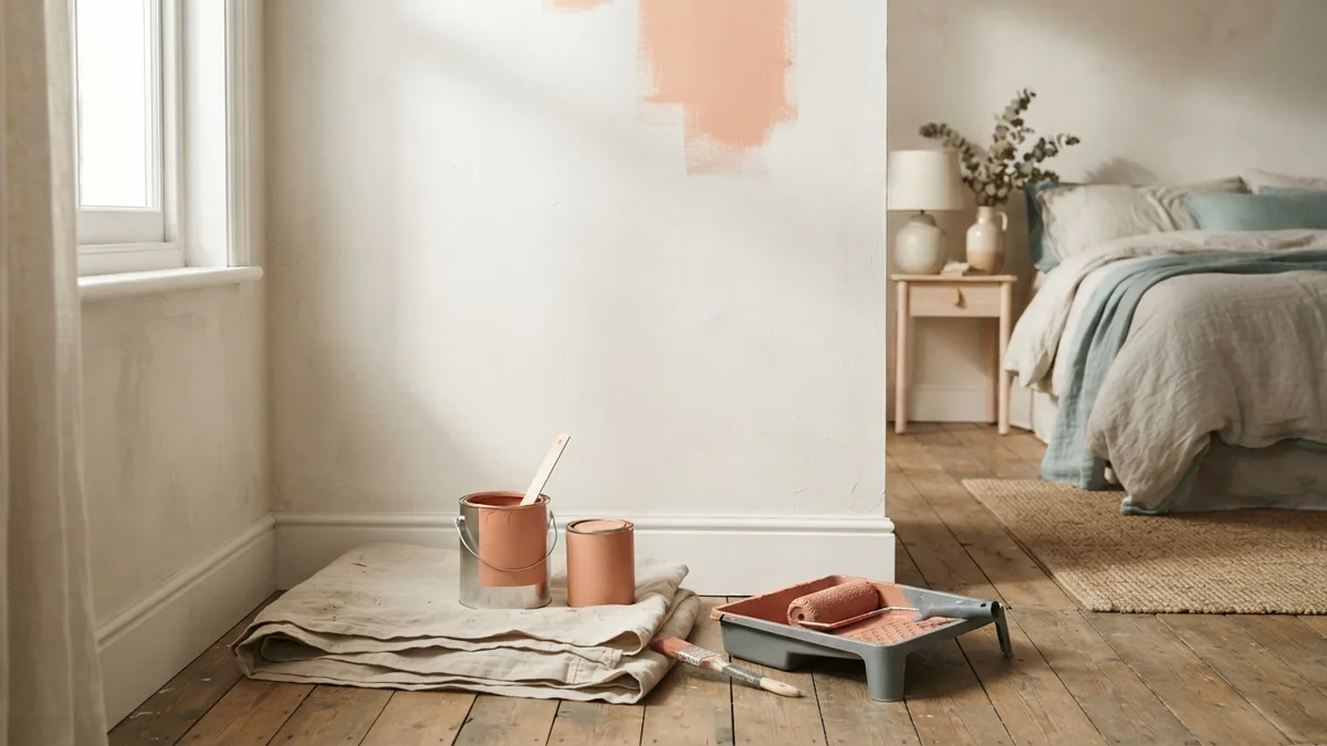 Paint supplies arranged beside a pale plaster wall in a tidy apartment bedroom