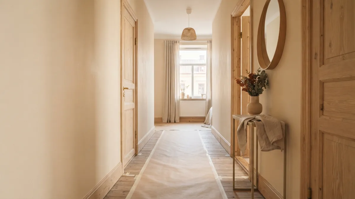 Fresh beige paint and floor protection in a bright European hallway