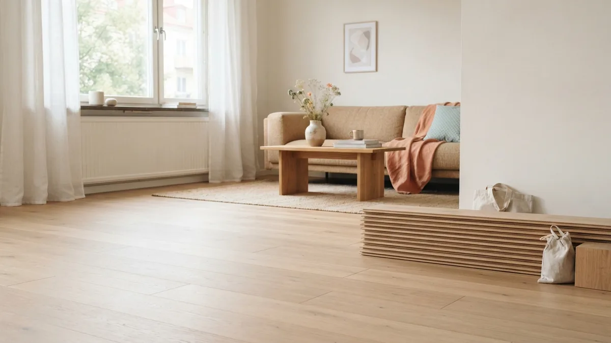 Extra plain flooring planks set beside a pale oak room floor