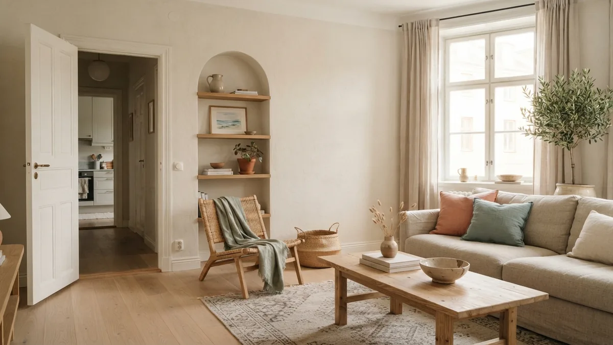 Living room with open doorway and alcove for planning floor coverage