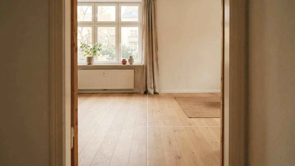 Chalk layout lines crossing on a pale wood floor before installation