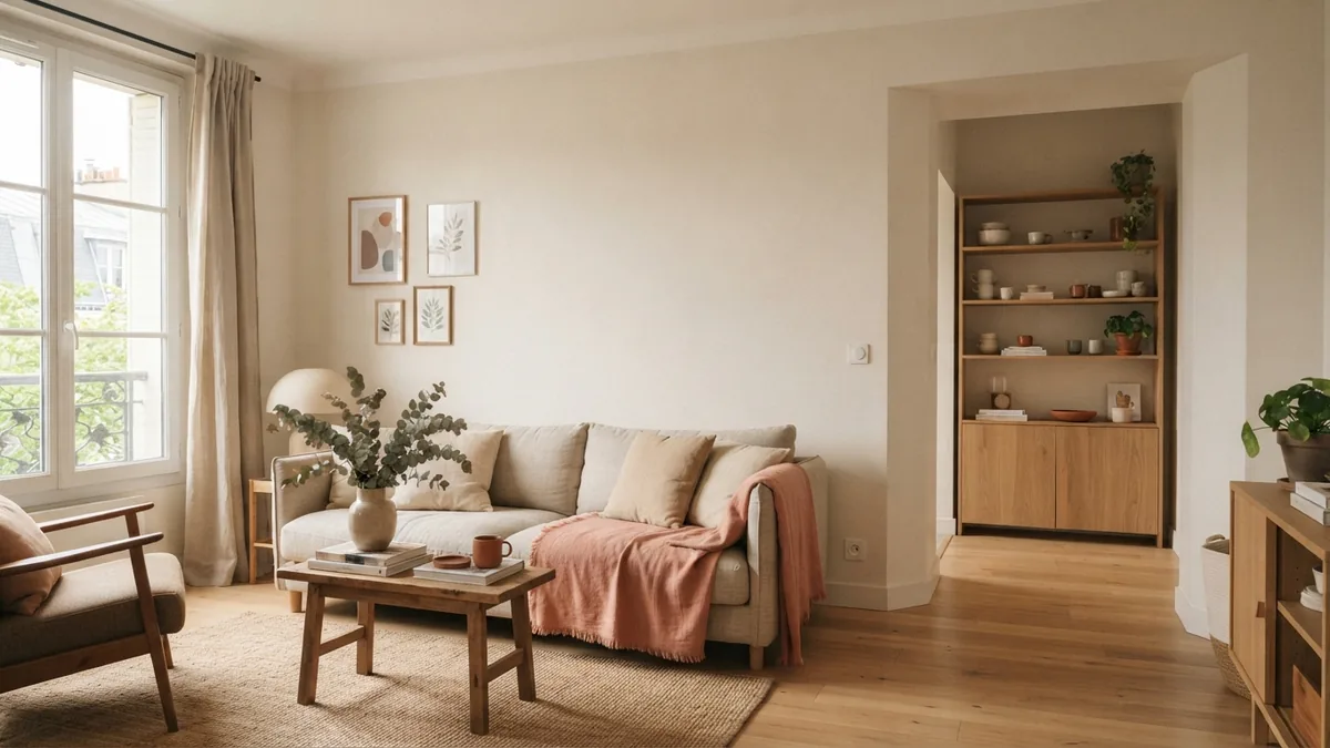 Pale oak flooring in an irregular room with an alcove and angled wall