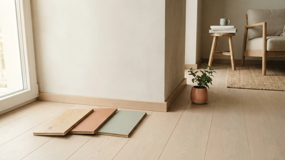 Pale wood flooring and sample boards beside a warm neutral wall