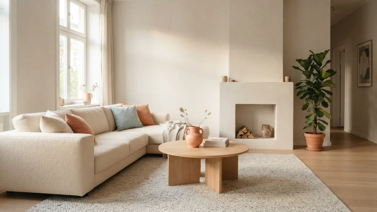 Sectional arranged around a focal point Cream sectional facing a plaster fireplace with a rug and soft natural decor