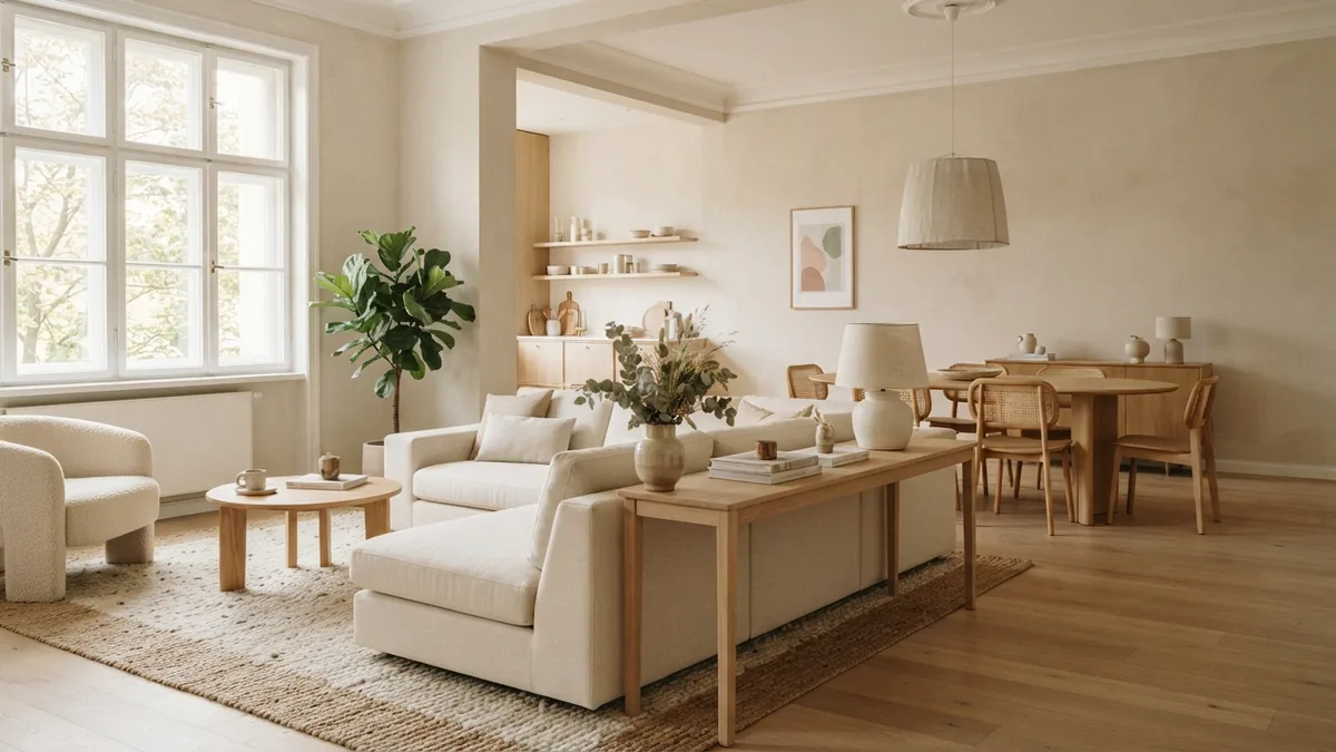 Floating cream sectional divides an airy open-plan apartment living space