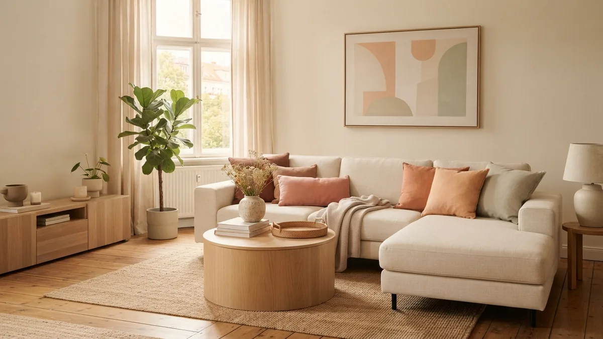 Small sectional and storage ottoman provide flexible seating in a tidy apartment