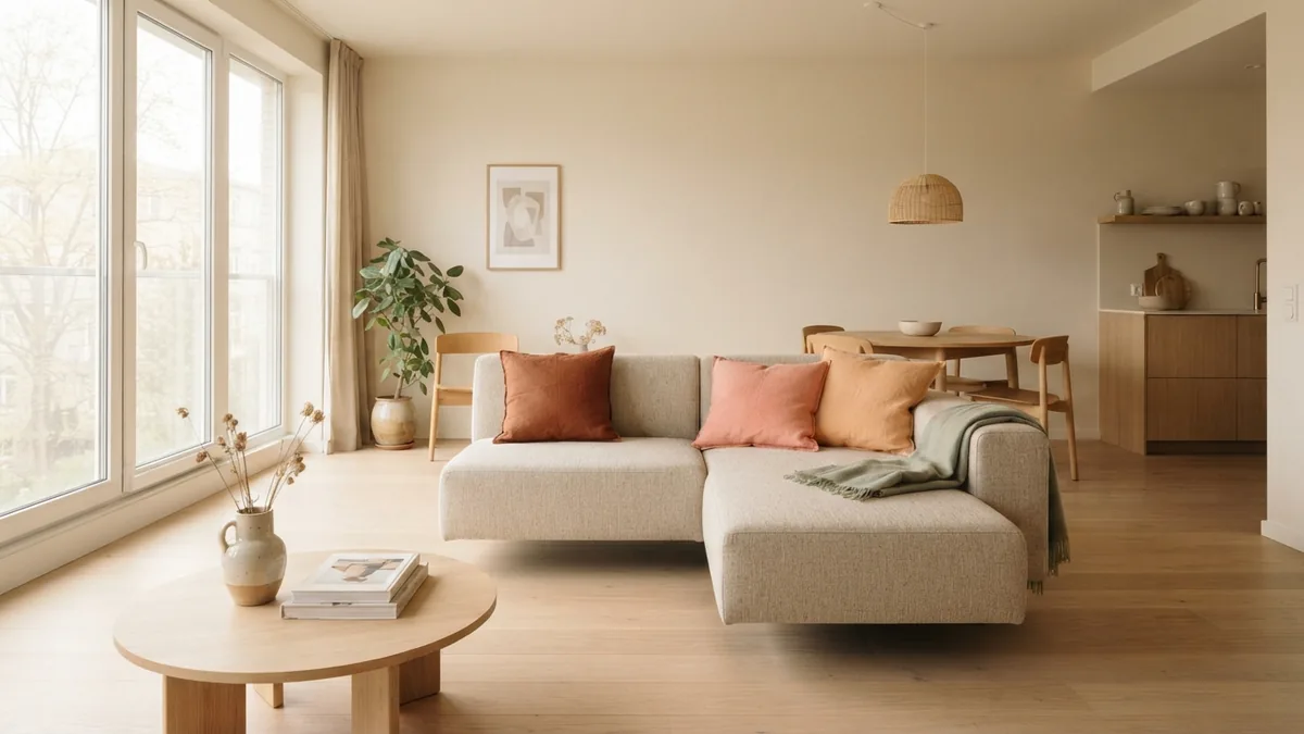 Floating L-shaped sectional defines a lounge zone in an open-plan apartment