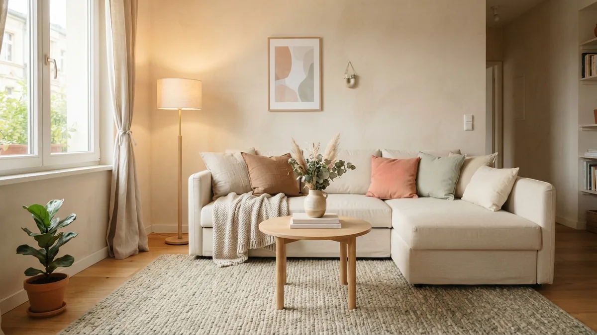 Simple accessories around a cream sectional Cream sectional styled with a round table and simple accessories in an airy room