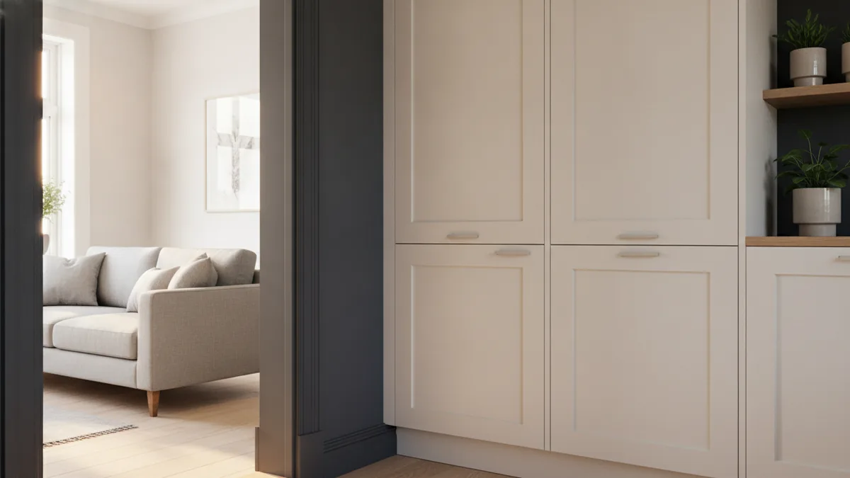 Unified sightlines View of the transition between kitchen cabinets and interior doors