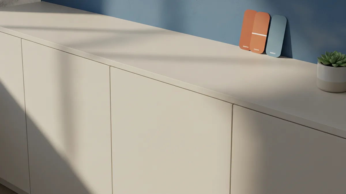 Paint samples and cabinet finish next to a wall for color planning