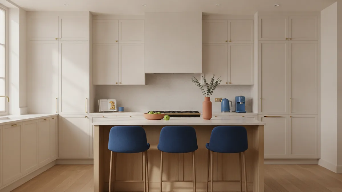 Unified neutrals look calm and roomy Warm neutral kitchen with cabinet and wall tones that flow together