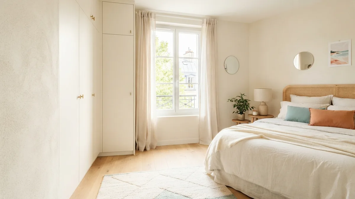 Small bedroom with a closet painted to match the walls for a larger, calmer look
