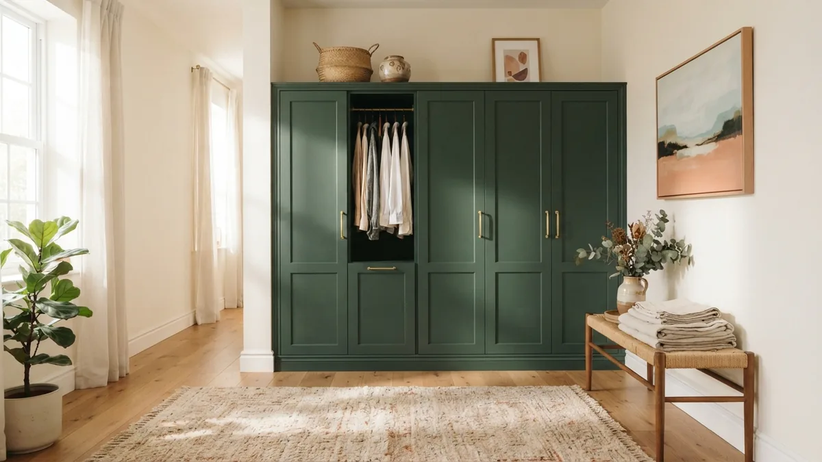 Deep green closet creating contrast against warm pale walls in a bright room