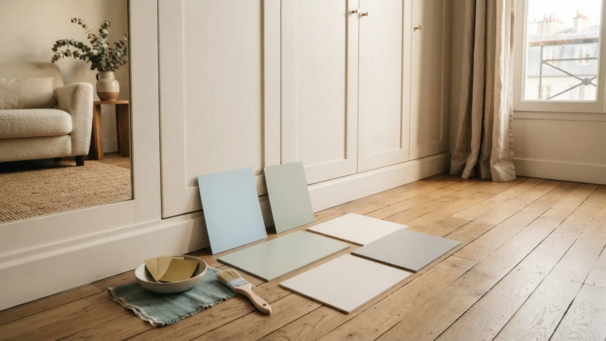 Soft paint swatches compared beside closet doors under natural and indoor light